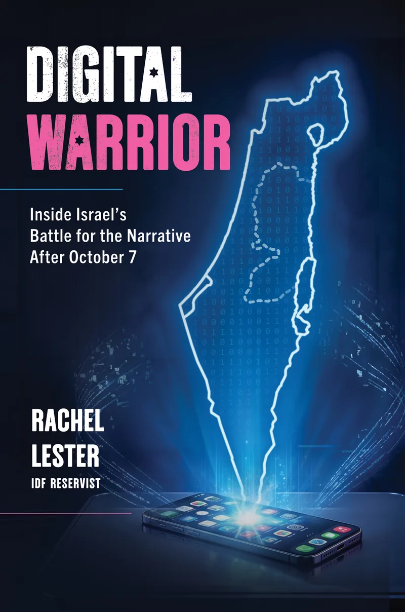 Cover of Digital Warrior: Inside Israel’s Battle for the Narrative After October 7, by Rachel Lester, with a glowing outline of Israel rising from a phone.