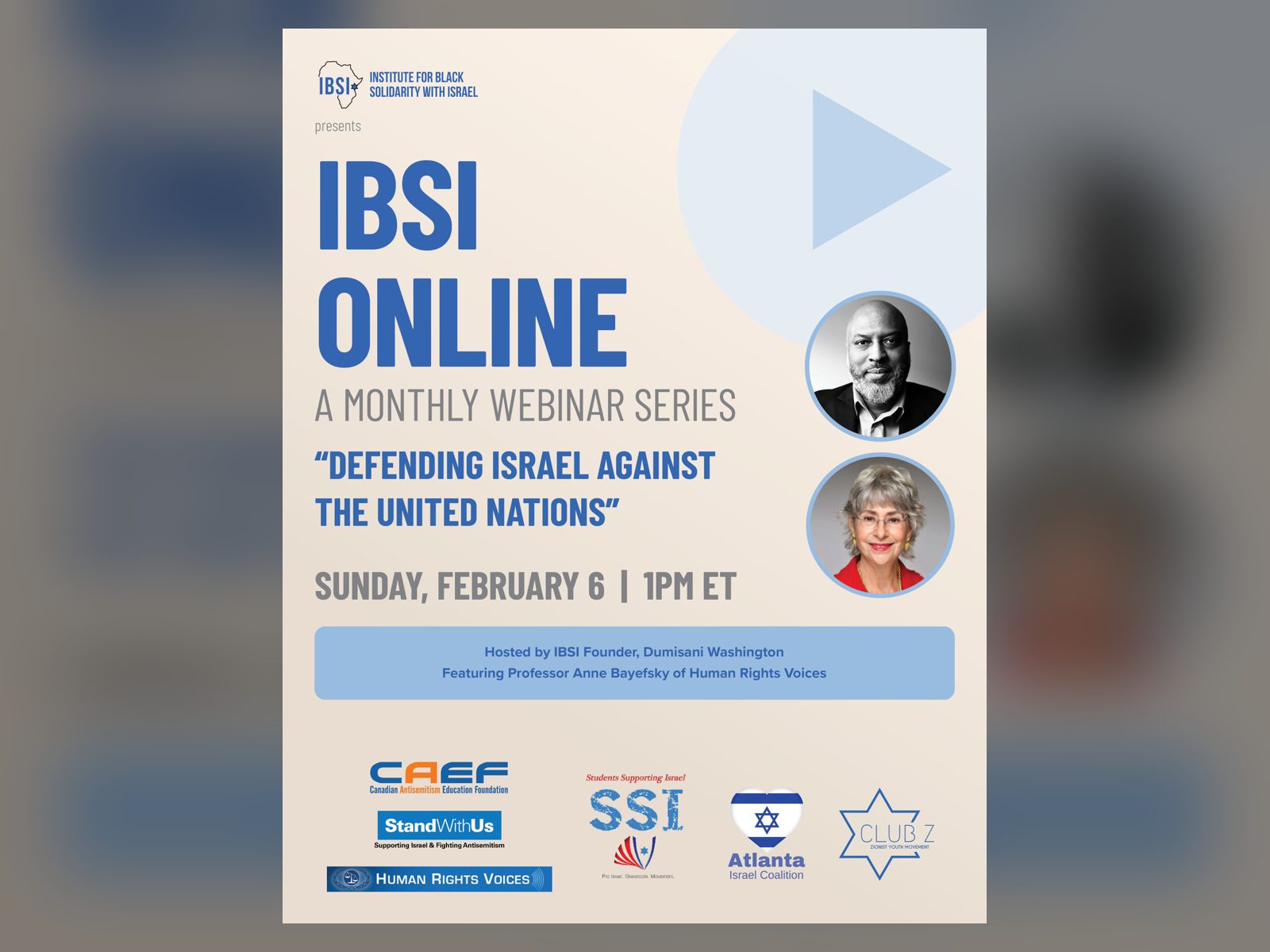 The flyer for IBSI Online's webinar Defending Israel Against the United Nations, Sunday, February 6, with Prof. Anne Bayefsky.