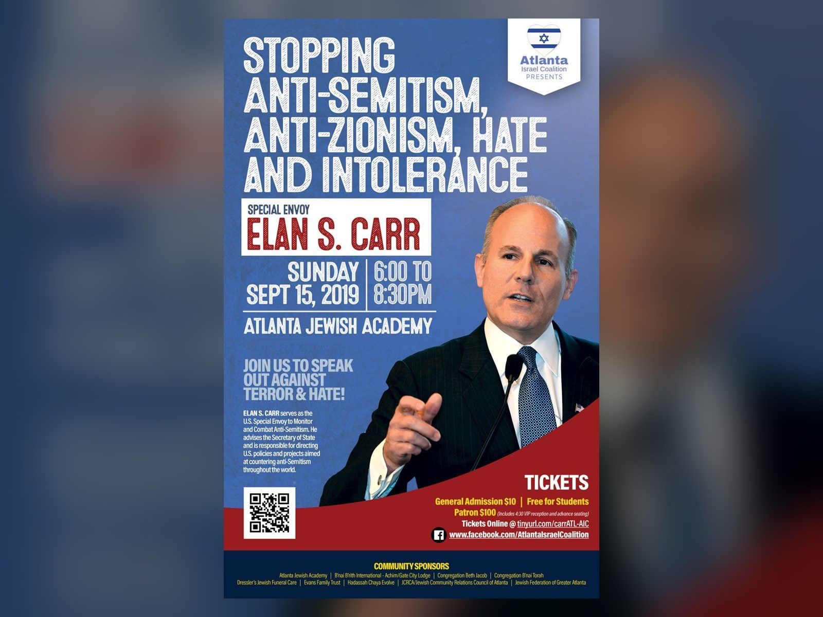 The flyer for Stopping Anti-Semitism, Anti-Zionism, Hate and Intolerance with Special Envoy Elan S. Carr, Sunday, September 15, 2019, at the Atlanta Jewish Academy.