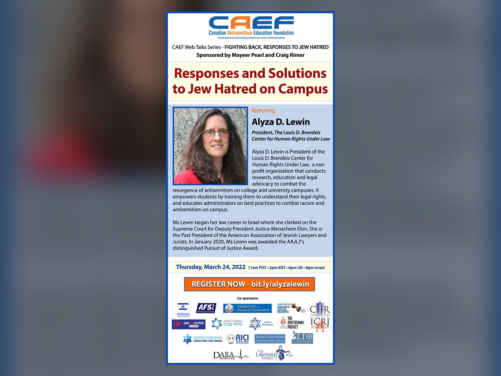 The CAEF flyer for Fighting Back: Responses and Solutions to Jew Hatred on Campus, with Alyza D. Lewin, Thursday, March 24, 2022.