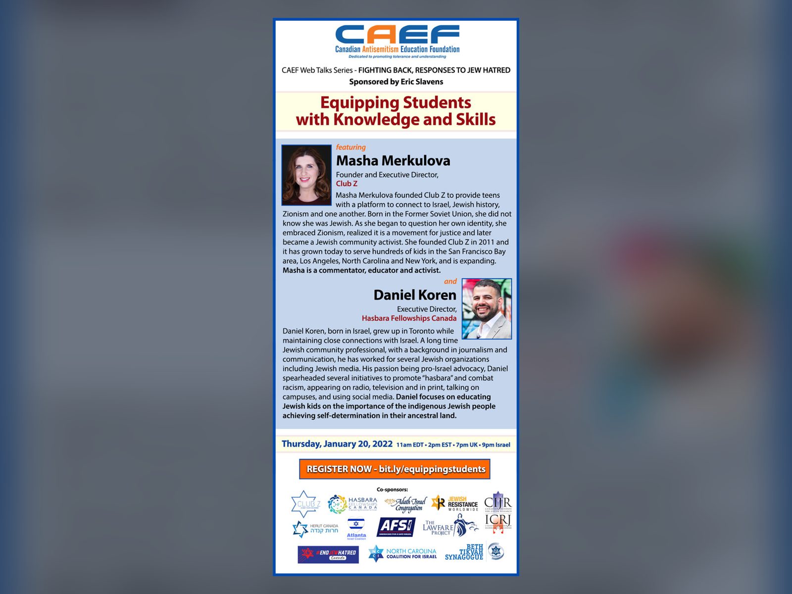 The CAEF flyer for Fighting Back: Equipping Students with Knowledge and Skills, January 20, 2022.