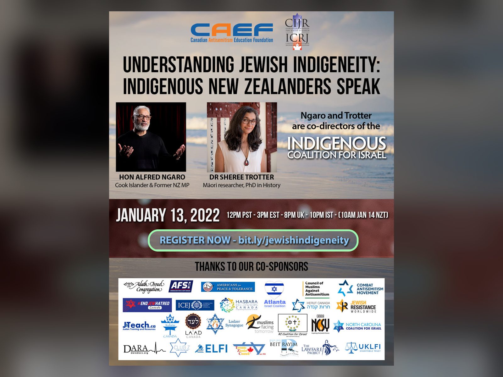 The CAEF flyer for Understanding Jewish Indigeneity: Indigenous New Zealanders Speak, January 13, 2022.