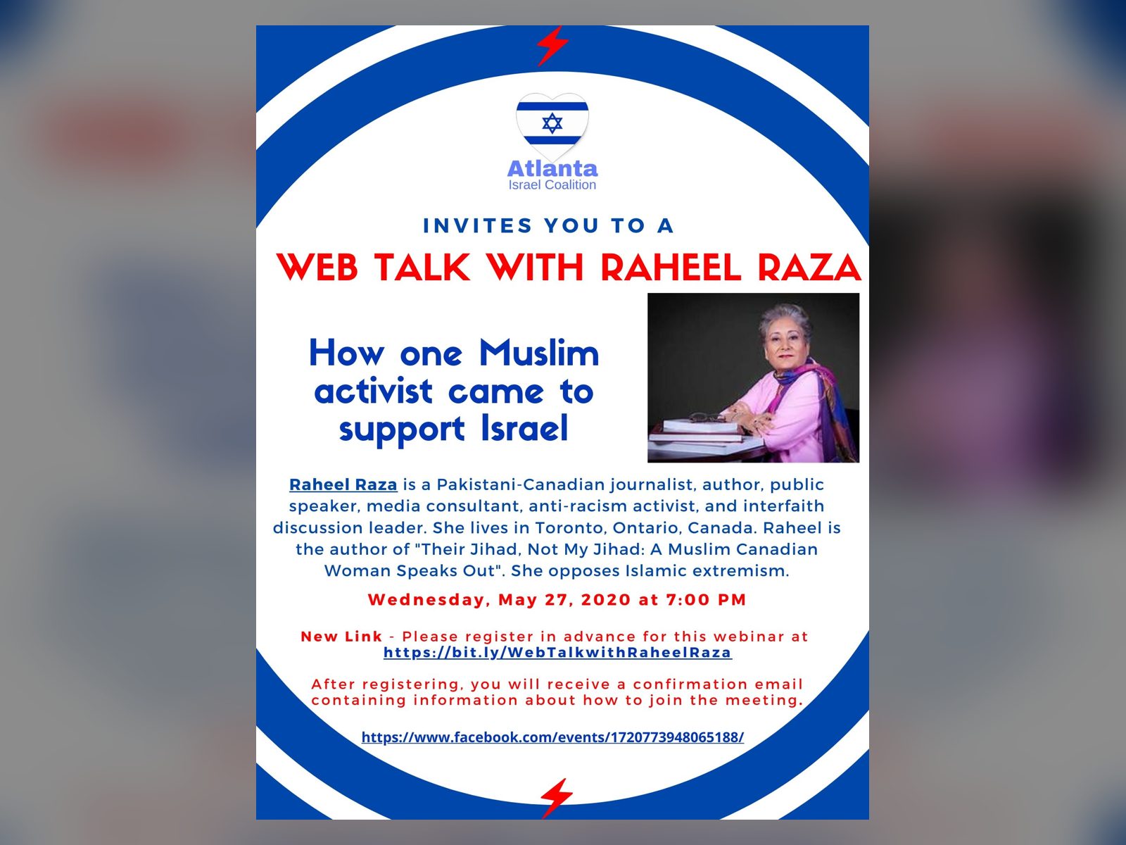 The AIC flyer for a web talk with Raheel Raza: How one Muslim activist came to support Israel, Wednesday, May 27, 2020.