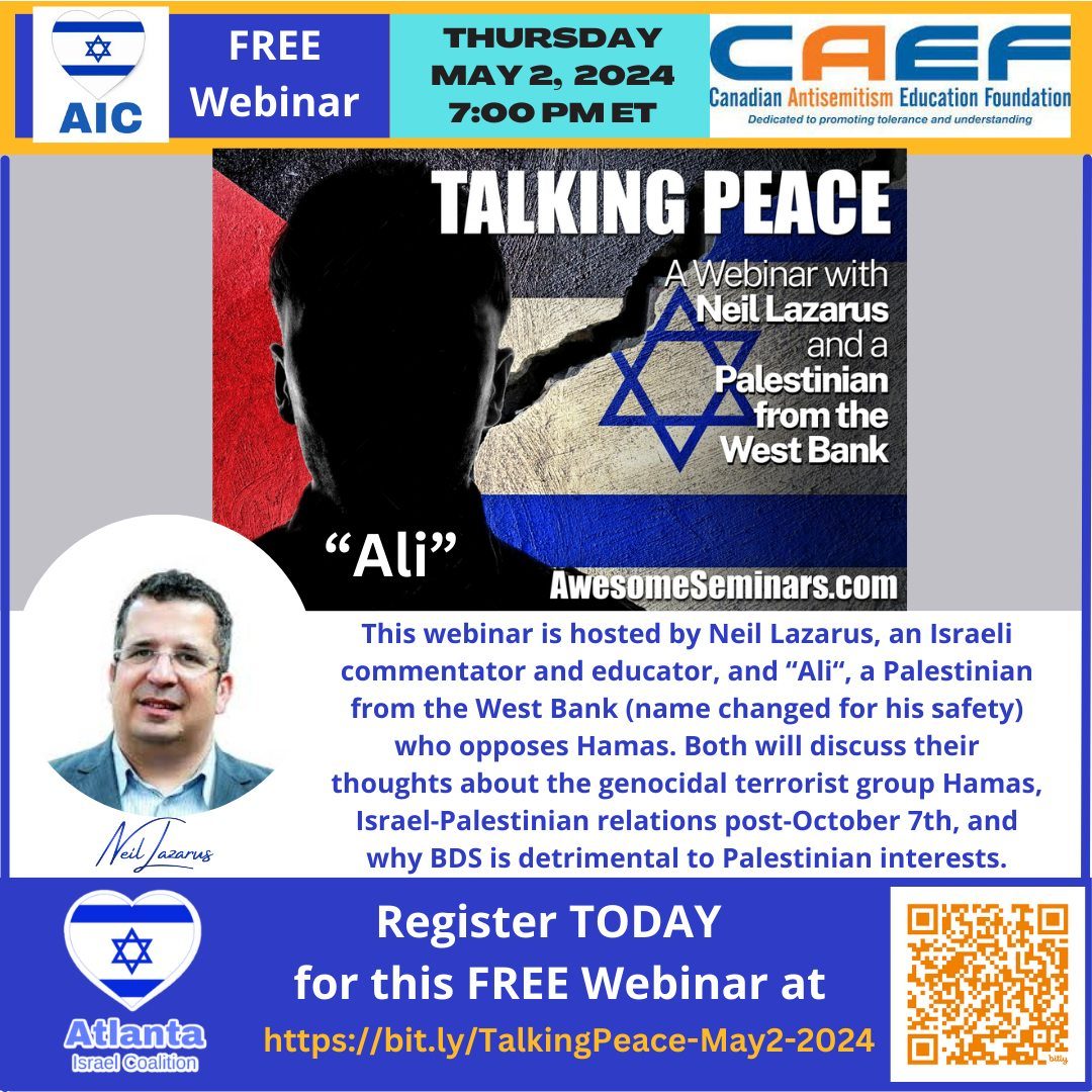 The flyer for Talking Peace, a free webinar with Neil Lazarus and a Palestinian from the West Bank, Thursday, May 2, 2024.