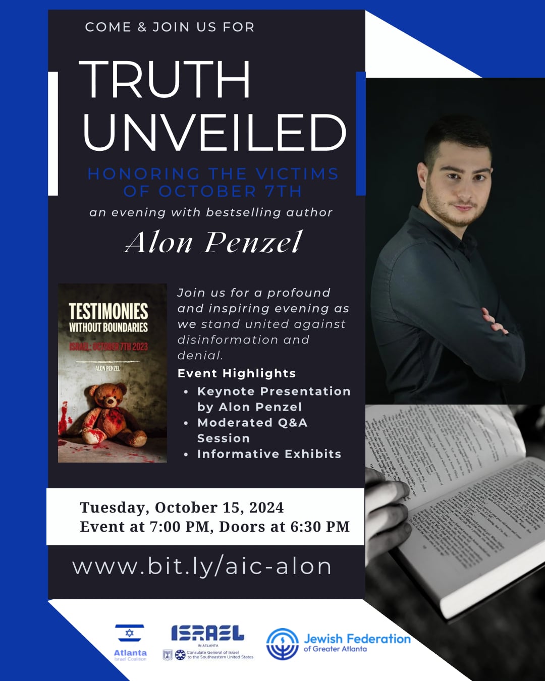 Truth Unveiled: Honoring the Victims of October 7th, with Alon Penzel, event graphic