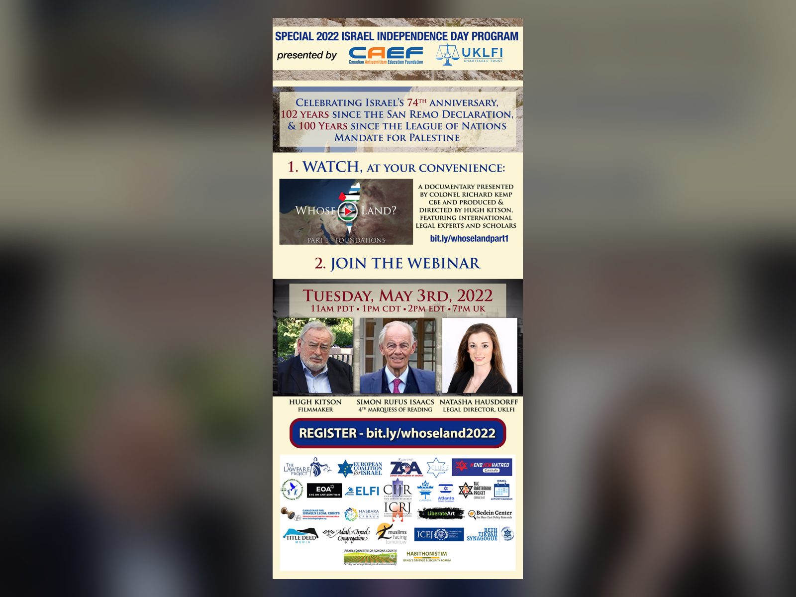 The flyer for Whose Land?, a special 2022 Israel Independence Day program: watch the documentary, then join the webinar on Tuesday, May 3, 2022.