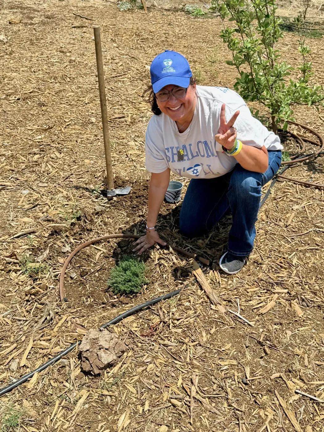 Cheryl Dorchinsky, in an AIC cap and a Shalom Y’all T-shirt, flashes a peace sign as she plants a seedling.