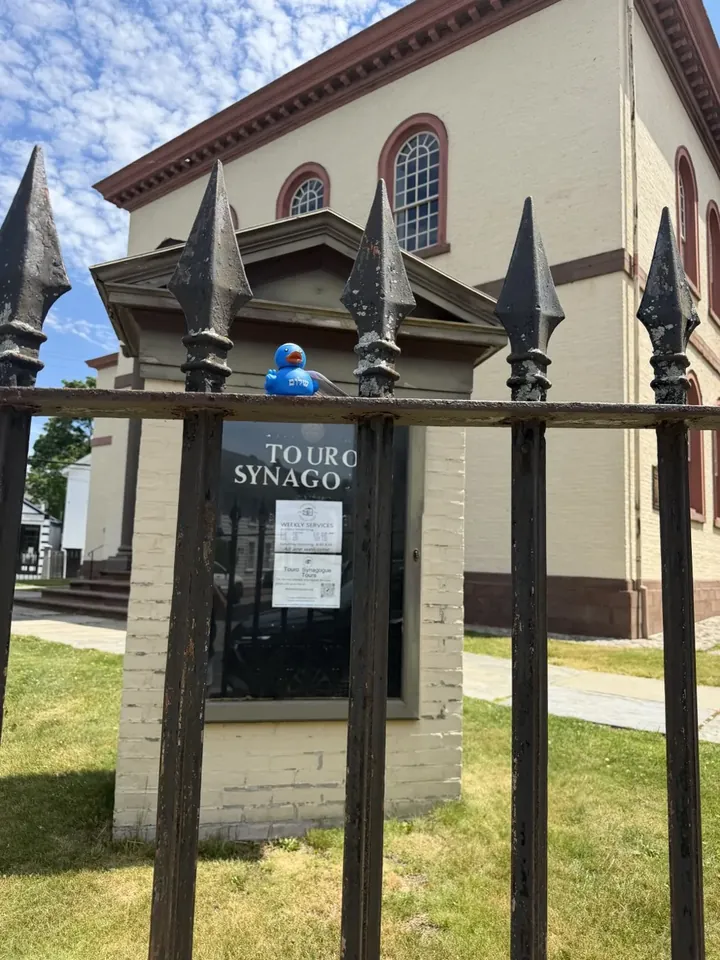 A blue kosher duck perched on the iron fence in front of Touro Synagogue in Newport, Rhode Island.